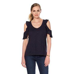 DG2 Diane Gilman Slub Cold Shoulder Ruffle Top
